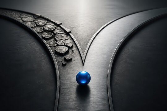 Business decision making concept with split path and blue sphere symbolizing choosing the right direction and finding the best solution