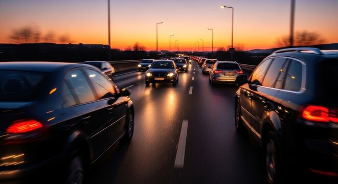 Rush hour traffic jam at sunset with car headlights illuminating the road.