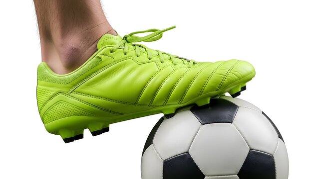 A close up of a bright lime green soccer cleat shoe resting on top of a classic black and white football ball