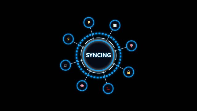 Data synchronization concept with digital icons and hud interface on dark background