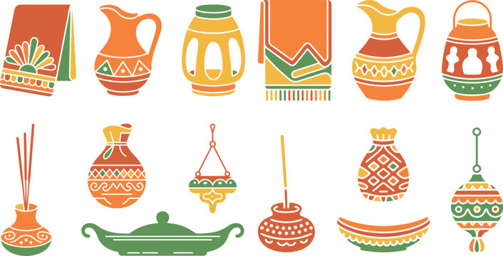 Colorful collection of vintage pottery and home decor items on white background