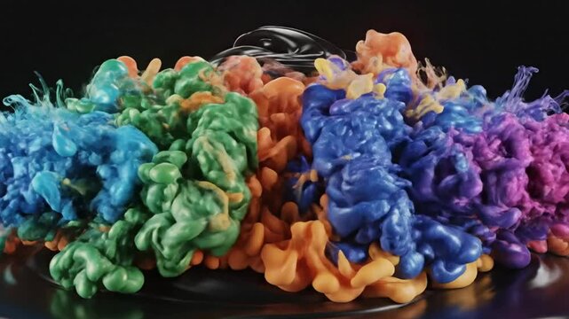 Colorful liquid ink ink splash exploding out from a shiny black material with flowing design on dark background