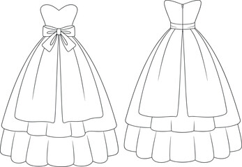Fototapeta premium Vector flat sketch illustration of women strapless tiered ball gown wedding dress with sweetheart neckline and waist bow isolated on white background