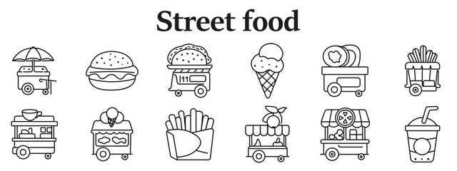 Fototapeta premium Street food vendor set icon. Umbrella cart, burger, taco cart, ice cream cone, snack, fries stand, coffee, dessert, pizza slice, hotdog, drink cup line style.