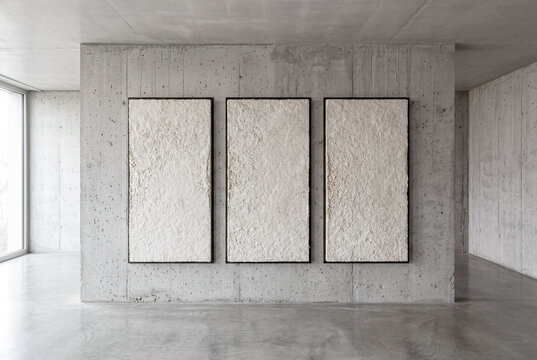 Mycelium composite architectural wall panel mounted in minimalist concrete interior, sustainable organic biomaterial building product with natural fiber texture, eco-friendly construction material con