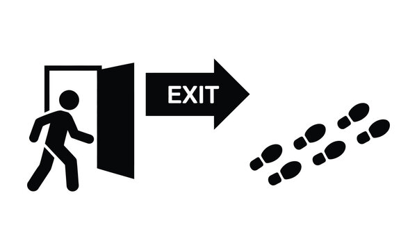 Person running out of door with exit sign and footprints