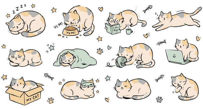 Cute Lazy Cat Daily Activities Sticker Set, Kawaii Hand Drawn Calico and Tabby Cats Sleeping Eating and Reading Doodles