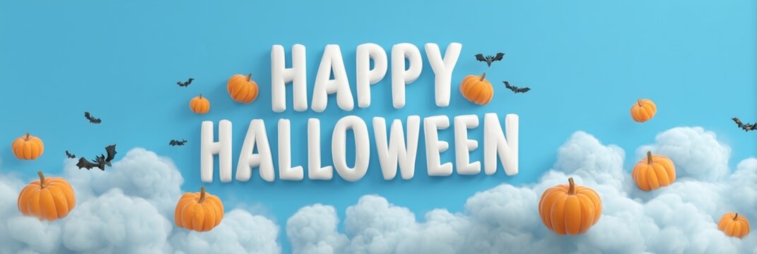 Happy Halloween Text Floating in Bright Blue Sky Soft Clouds Pumpkins Surreal Cheerful Banner

