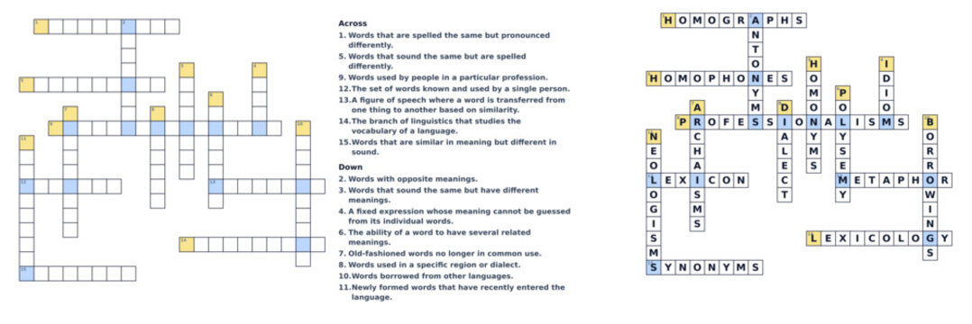Crossword solution sheet with clues and answers in blue and yellow  