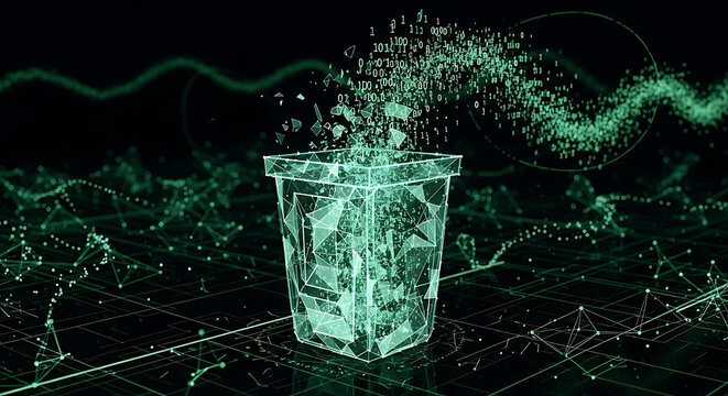 Futuristic digital trash bin purging a glowing binary data stream as virtual debris falls inside a dark cyberspace environment for secure information deletion and cloud storage cleanup.