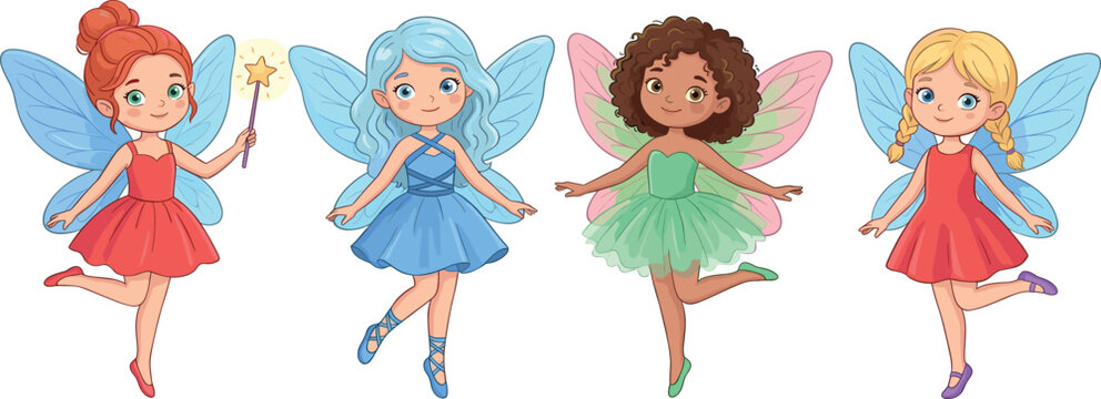 Cute Fairy Ballerina Character Set with Pastel Wings Magic Wand Dancing Princess Collection Vector Illustrations Isolated Girls