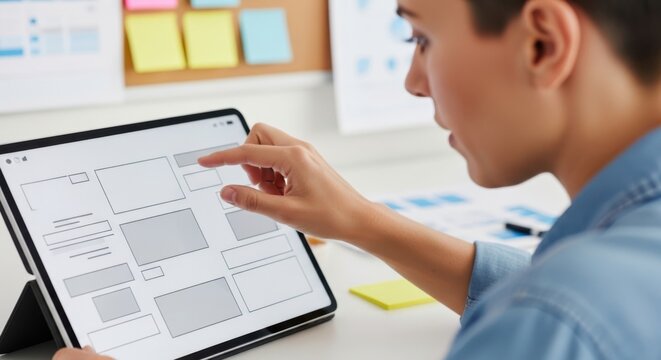 Ux designer working on website wireframe layout on digital tablet