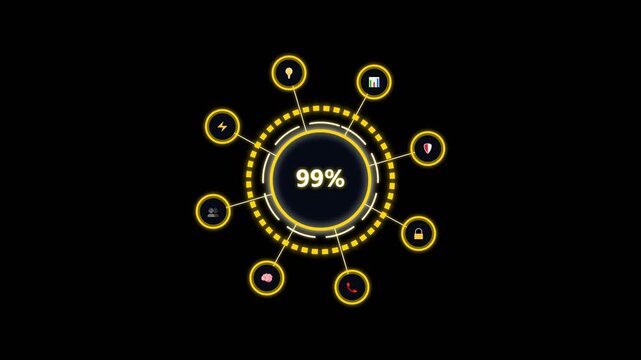 Digital loading circle interface with glowing icons and ninety nine percent progress