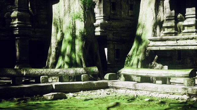 Mossy temple entrance with giant roots and carved stone steps, quiet courtyard soaked in filtered sunlight and deep green moss, weathered reliefs and timeworn