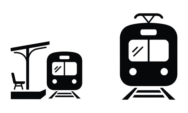 Modern black train icons with tram stop