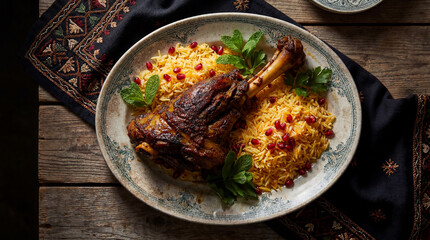 Fototapeta premium Overhead view of lamb shank and rice dish with pomegranate, oriental