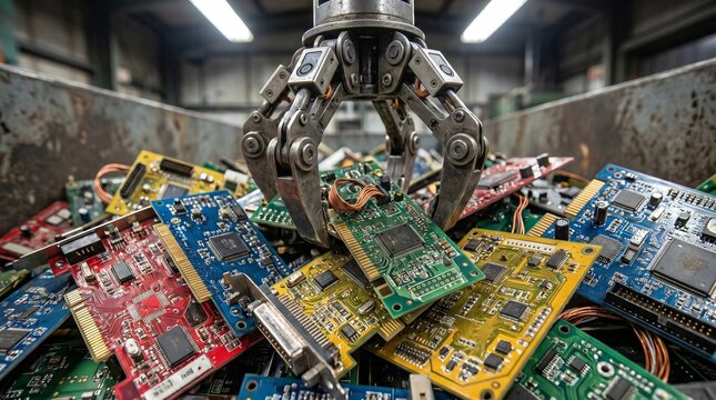 Industrial grabber claw picking a green circuit board from a large pile of electronic waste
