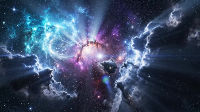 Vivid Cosmic Nebulae with Radiant Light Beams and Starry Depths Exploring Outer Space