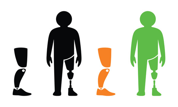 Illustration of person with prosthetic legs standing next to trophies