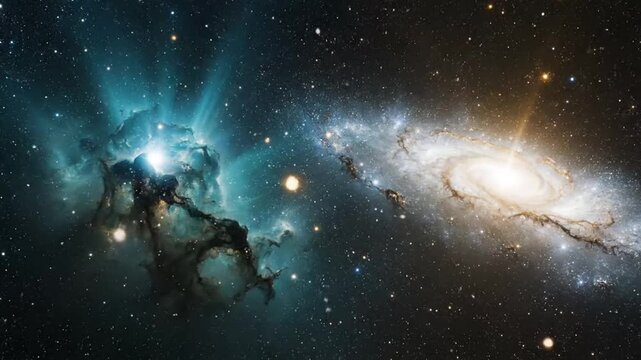 Spectacular view of a distant galaxy with nebulae and star formations in deep space