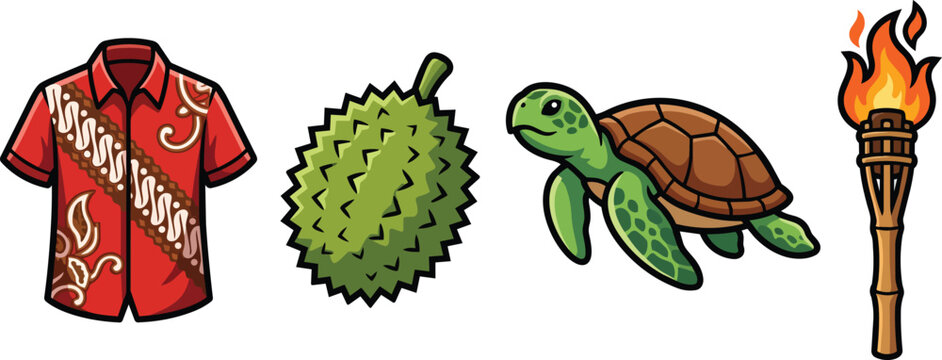 Tropical Indonesia Culture Set with Batik Shirt Durian Turtle Torch