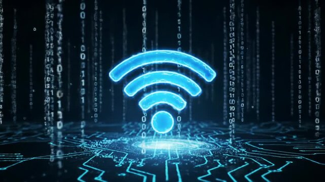 Azure Wi-Fi symbol emerges in a futuristic digital void, glowing cyan circuits, binary data, deep blues and whites. Concept of boundless digital network connectivity