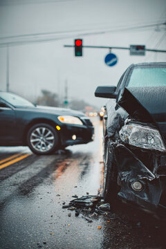 Two cars are involved in an accident on a wet road. Traffic lights are visible in the background as rain falls and creates reflections on the pavement