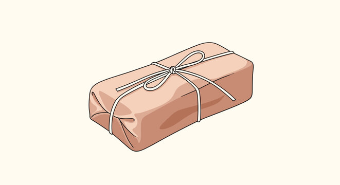 Rectangular package wrapped in traditional brown kraft paper and tied with a simple white string and bow.