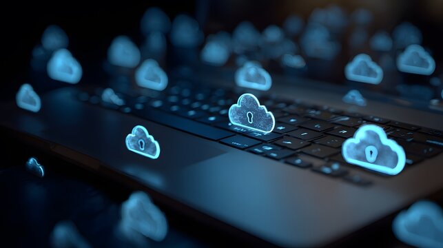 Glowing blue cloud icons with padlocks on a laptop keyboard in a dark room