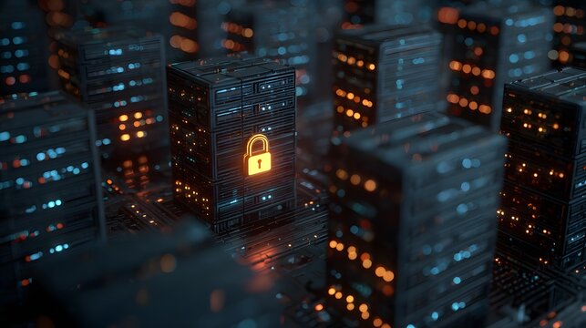 A glowing padlock on a server tower in a cityscape of computer servers at night