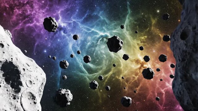 Colorful cosmic scene with asteroid belt and vibrant nebula backdrop for space exploration themes