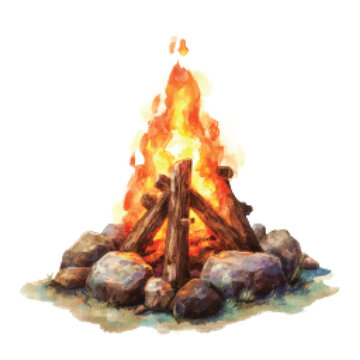Burning Campfire with Wood and Rocks.