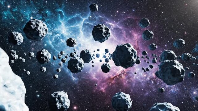 Vast asteroid field streaming through colorful cosmic nebula in deep space