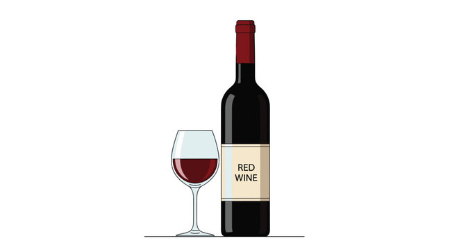 Tall bottle of red wine standing beside a wine glass partially filled with dark liquid on a minimalist white studio background.