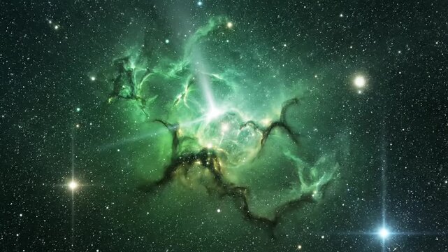 Nebula and starfield cosmic phenomenon showcasing luminous green gas clouds glowing against a backdrop of embedded stars