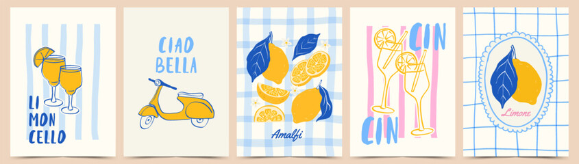 Obraz na płótnie Canvas Amalfi retro poster with lemons, scooter and cocktail glasses in doodle hand drawn style. Italian printable wall art for kitchen decor, greeting card and summer design. Vector illustration