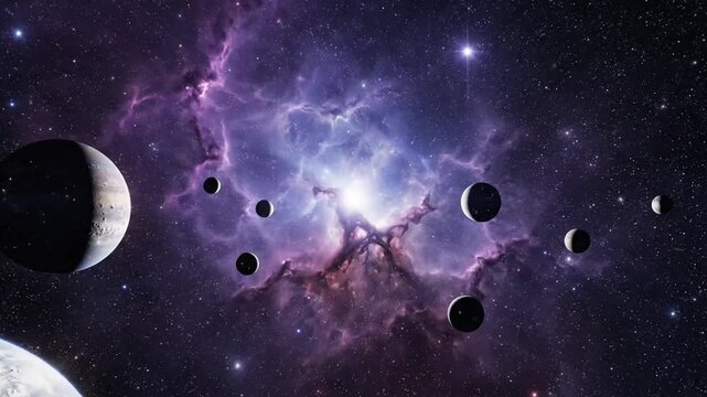 Dynamic cosmic sequence depicting planets and nebulae across the universe in vibrant colors and intricate details