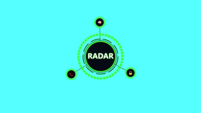 Digital radar interface with brain, lock and phone icons on a bright cyan background
