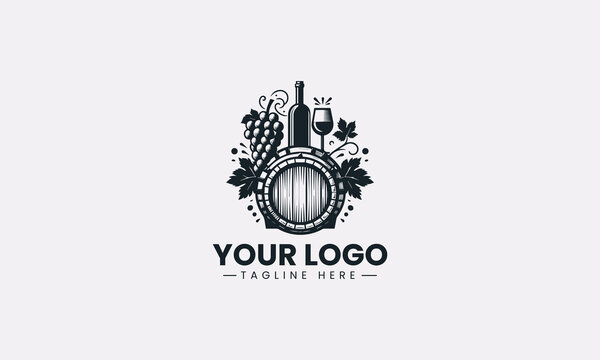 A wine barrel with bottle and grapes is illustrated in minimalist black vector logo design