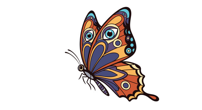 Beautiful stylized butterfly featuring colorful decorative patterns and blue eye-like shapes on its orange and purple wings.