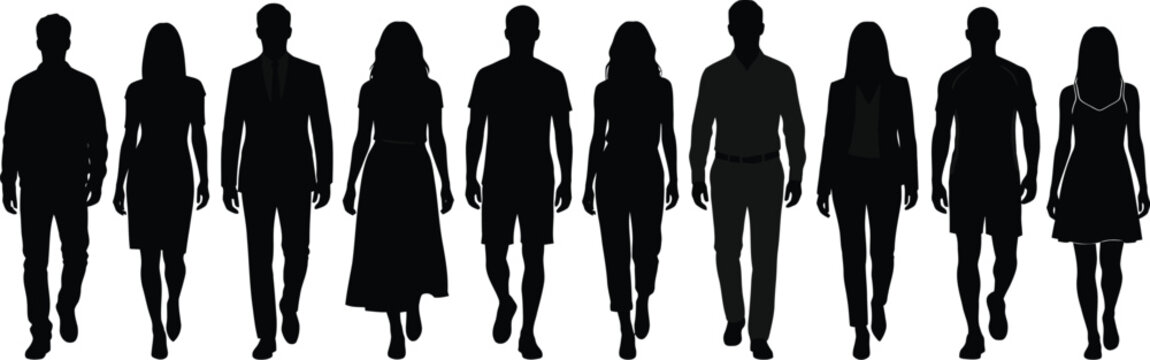 A diverse group of people walking forward together in this simple black and white silhouette photograph