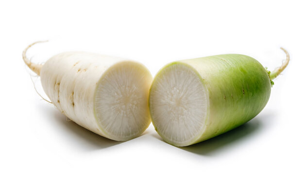 A long white daikon radish halved, showing crisp white internal flesh isolated on white background.