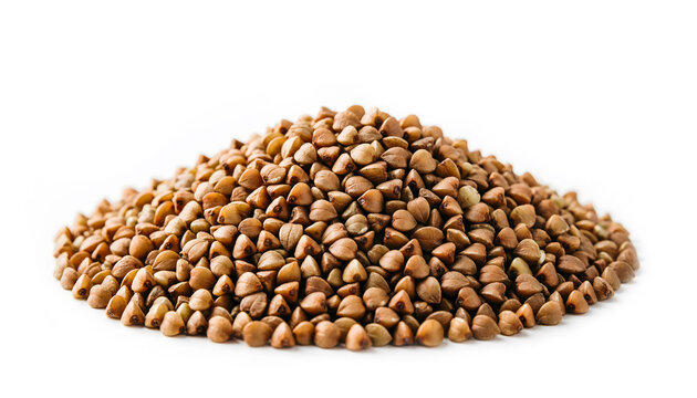 A pyramid-shaped heap of raw buckwheat groats isolated on a pure white background.