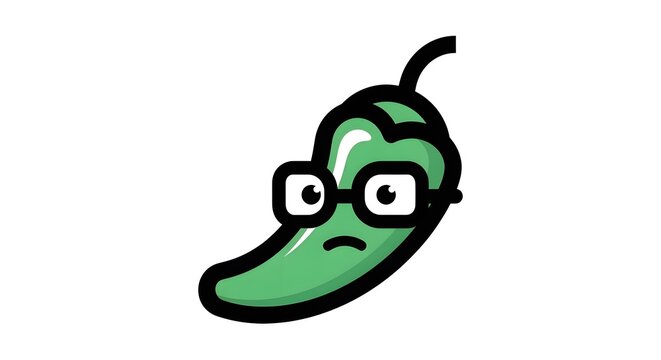 Cartoon green chili pepper with glasses and a quirky expression
