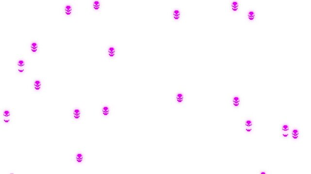 Purple glowing pixelated human skull symbols going up on white screen