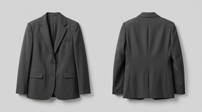Front and back view of charcoal grey men's blazer for fashion e-commerce, apparel branding, and corporate uniform website presentation