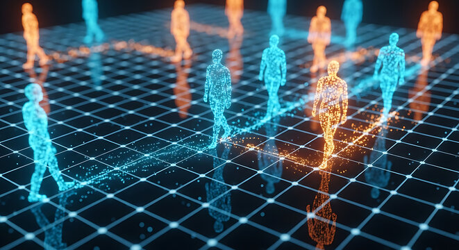 Digital human silhouettes composed of luminous data points walking across a glowing electronic network grid with vibrant blue and orange neon light trails in a futuristic virtual reality.