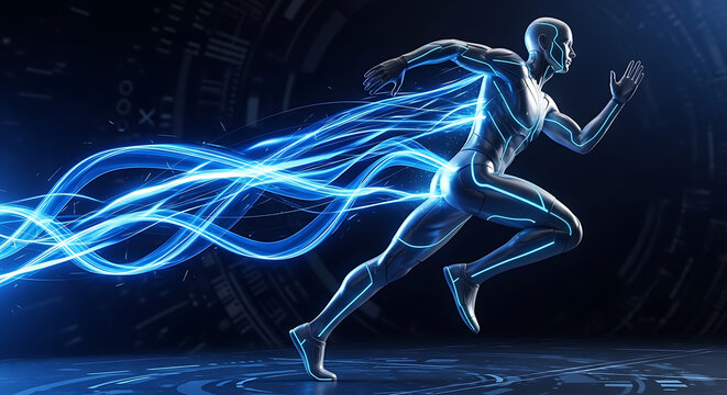 Luminous digital silhouette of a high-speed human figure sprinting through a futuristic dark space, trailing electric blue light streaks and motion blur during intense acceleration.