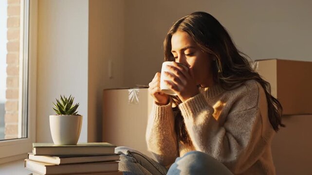 Happy woman drinks coffee looking out window at sunset