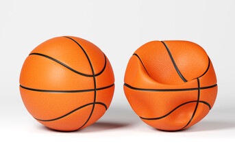Fototapeta premium Perfect basketball next to a deflated basketball isolated on white background, contrast concept